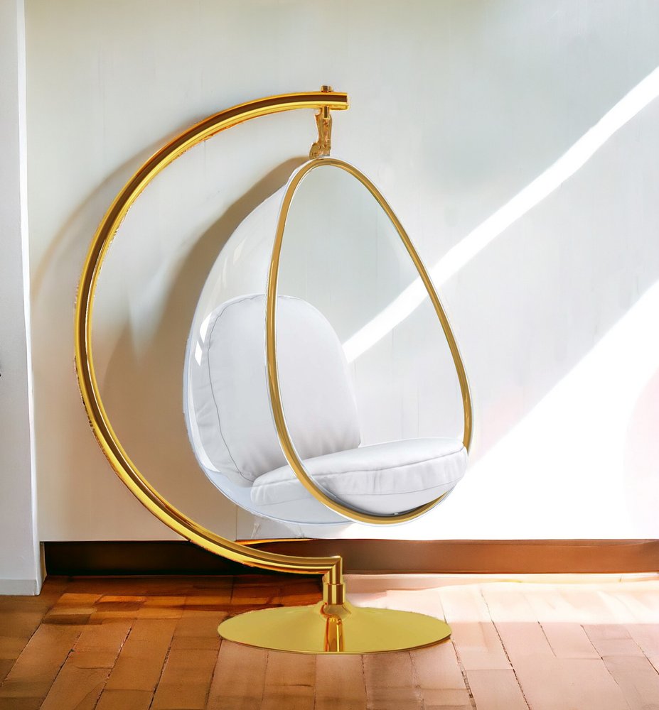 28" White and Gold Faux Leather Balloon Chair