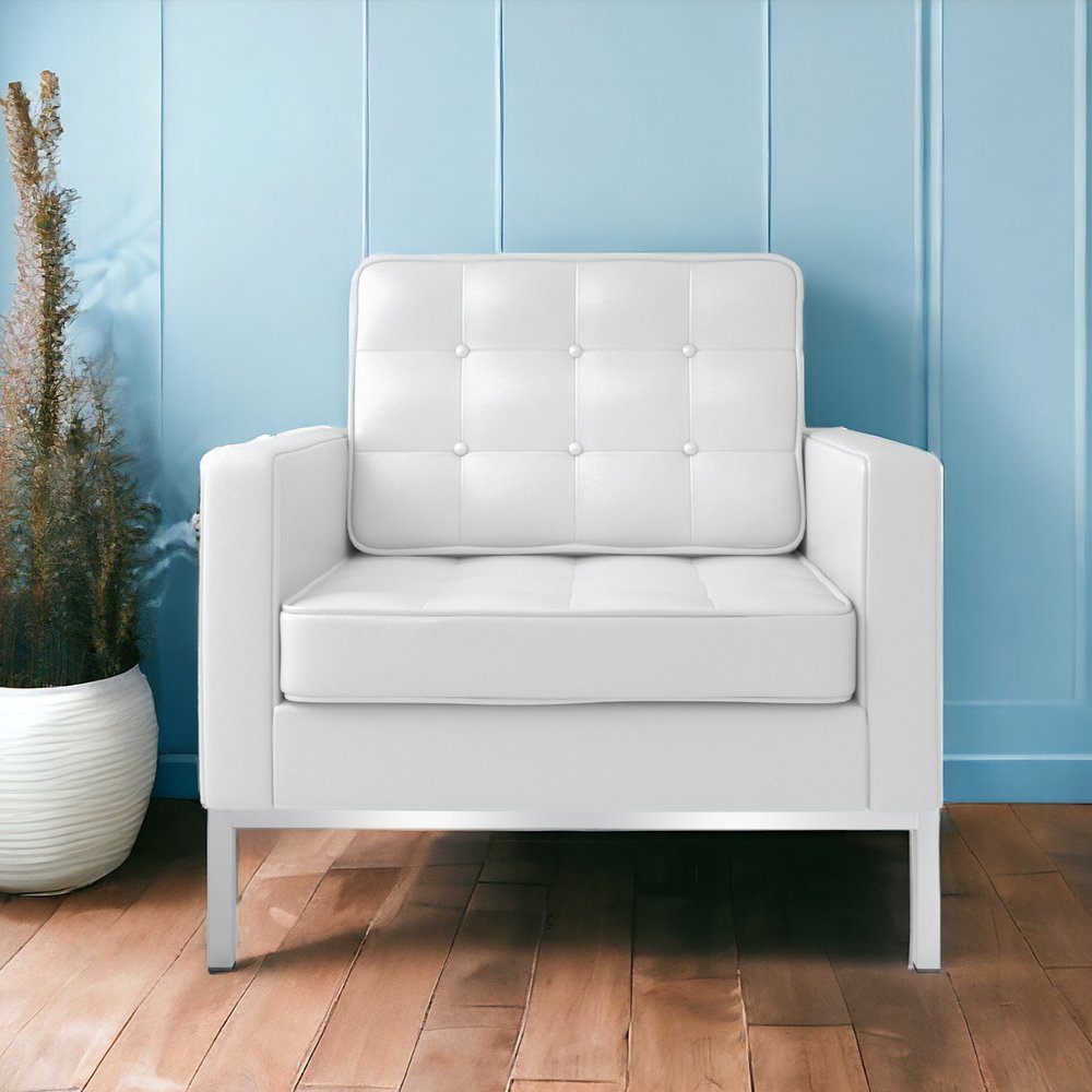 31" White and Silver Italian Leather Tufted Club Chair