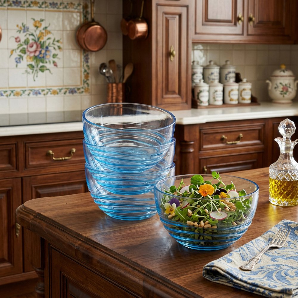 Clear and Blue Four Piece Swirl Acrylic Service For Four Bowl Set