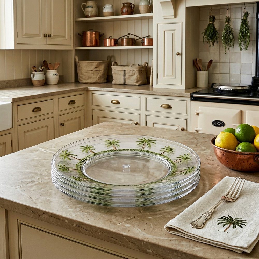 Clear and Green Four Piece Palm Tree Acrylic Service For Four Dinner Plate Set