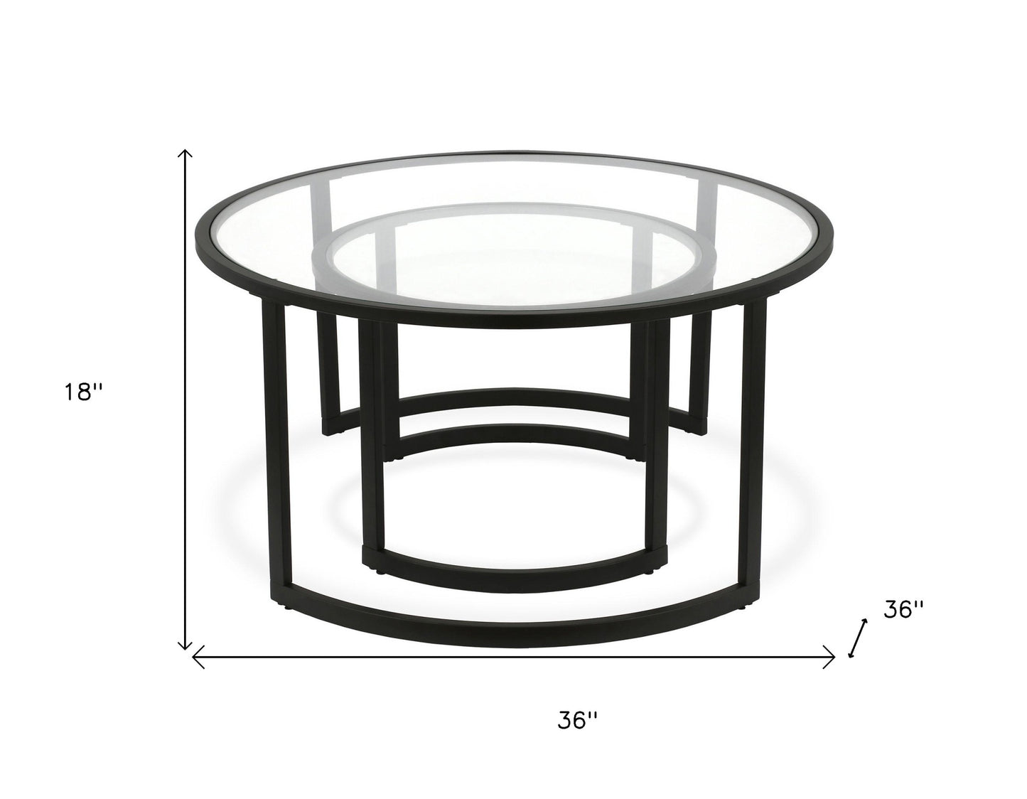 Set of Two Black Glass And Steel Round Sled Nested Coffee Tables