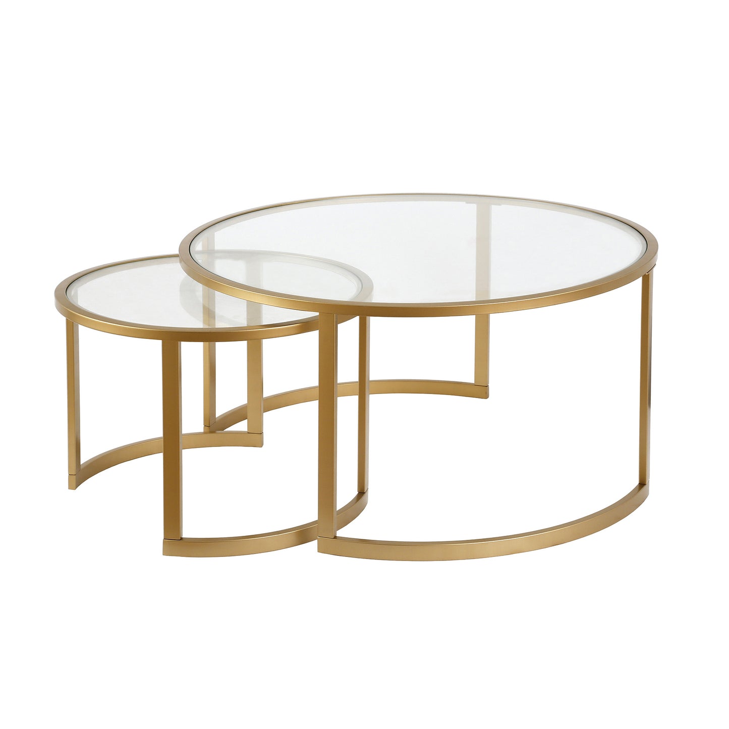 Set of Two Gold Glass And Steel Round Sled Nested Coffee Tables