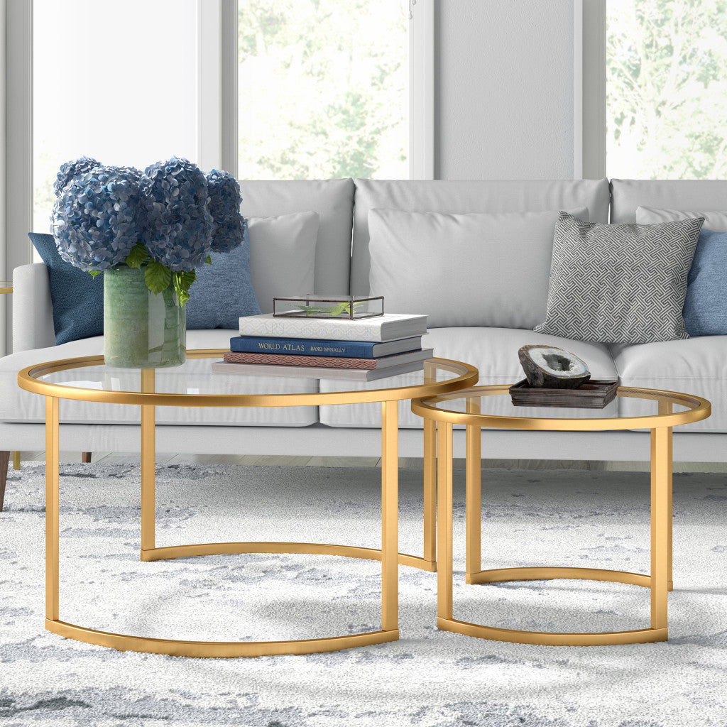 Set of Two Gold Glass And Steel Round Sled Nested Coffee Tables