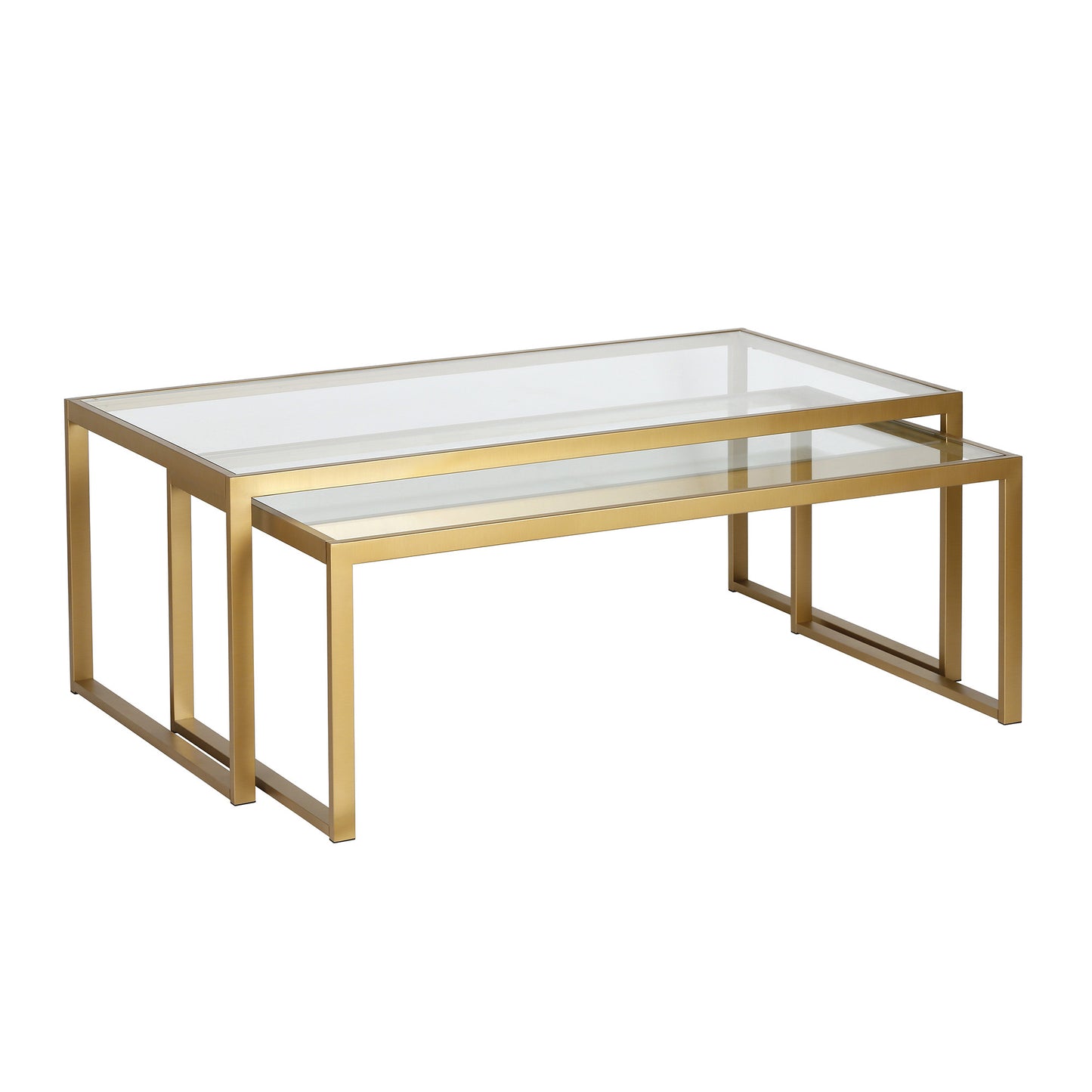 Set of Two Gold Glass And Steel Sled Nested Coffee Tables