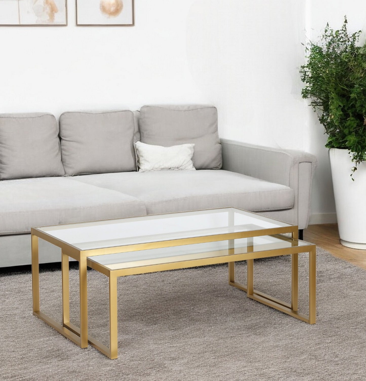 Set of Two Gold Glass And Steel Sled Nested Coffee Tables