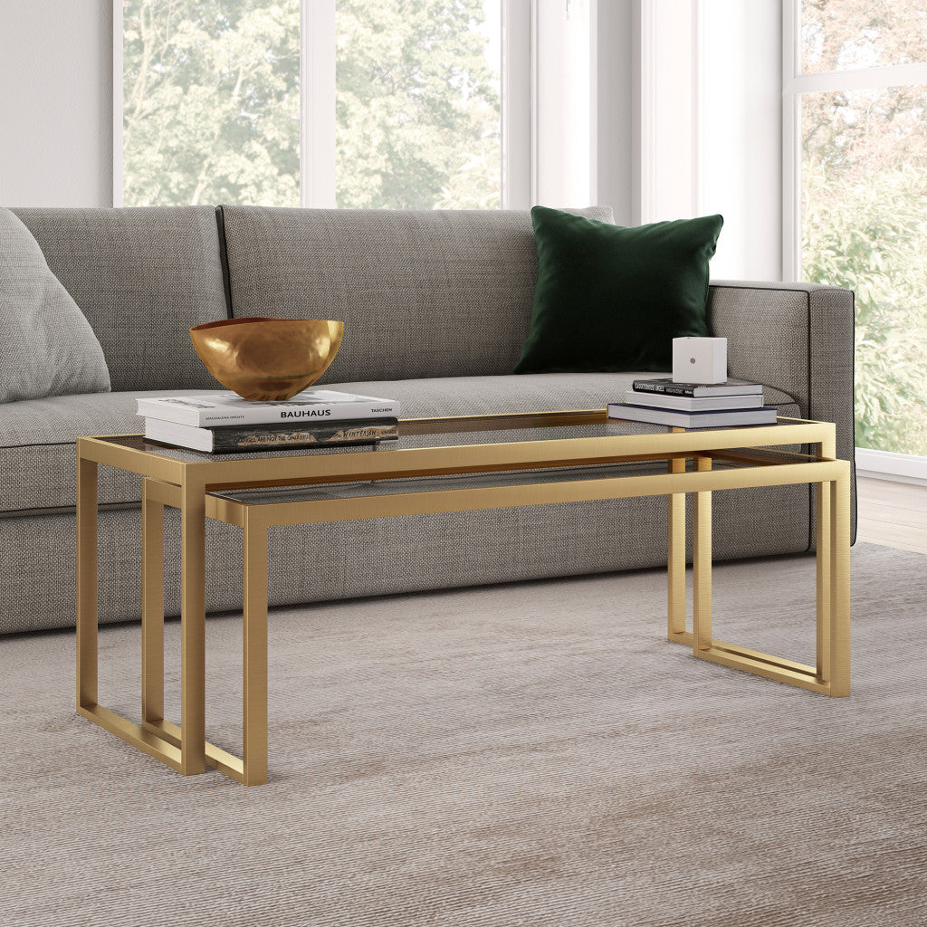 Set of Two Gold Glass And Steel Sled Nested Coffee Tables