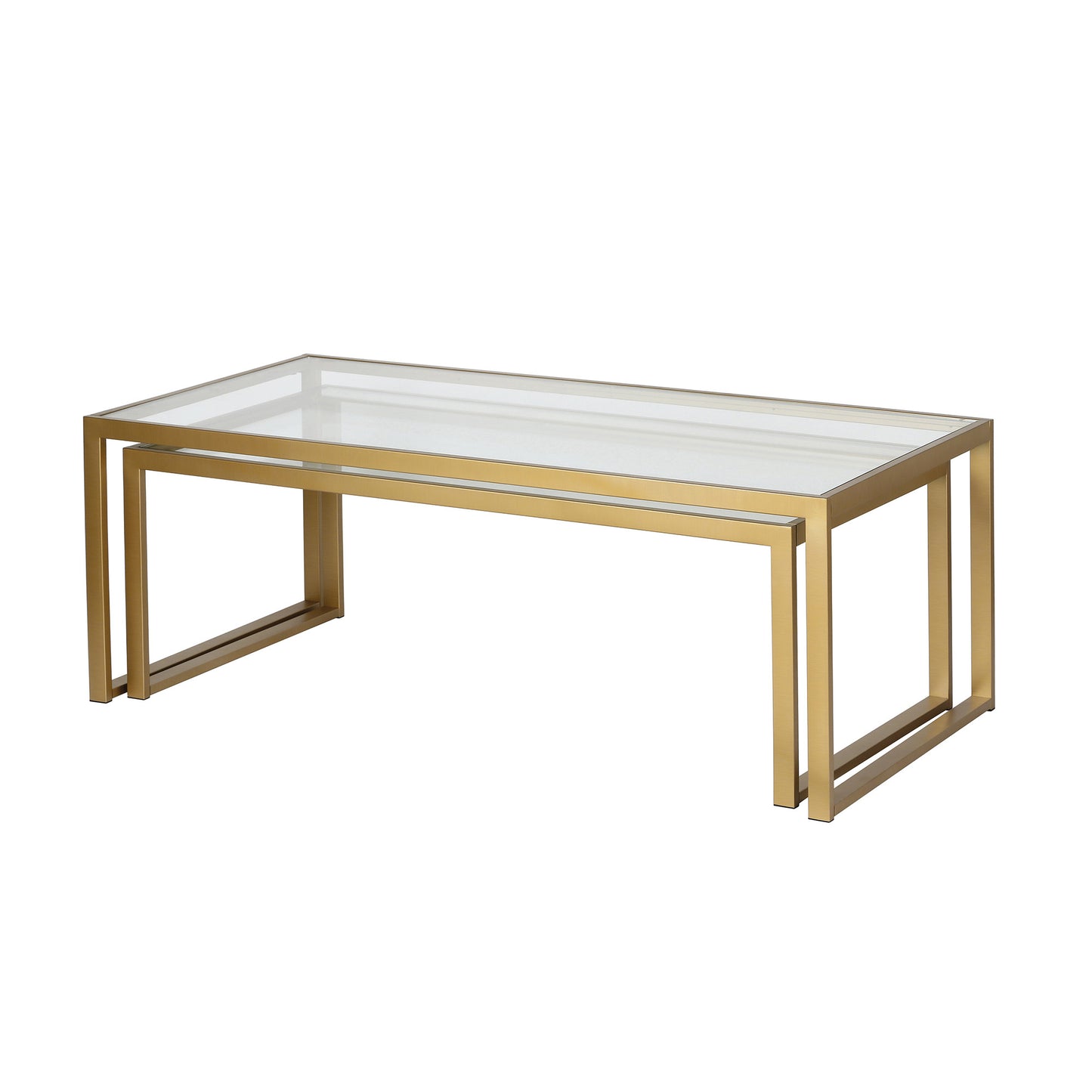 Set of Two Gold Glass And Steel Sled Nested Coffee Tables