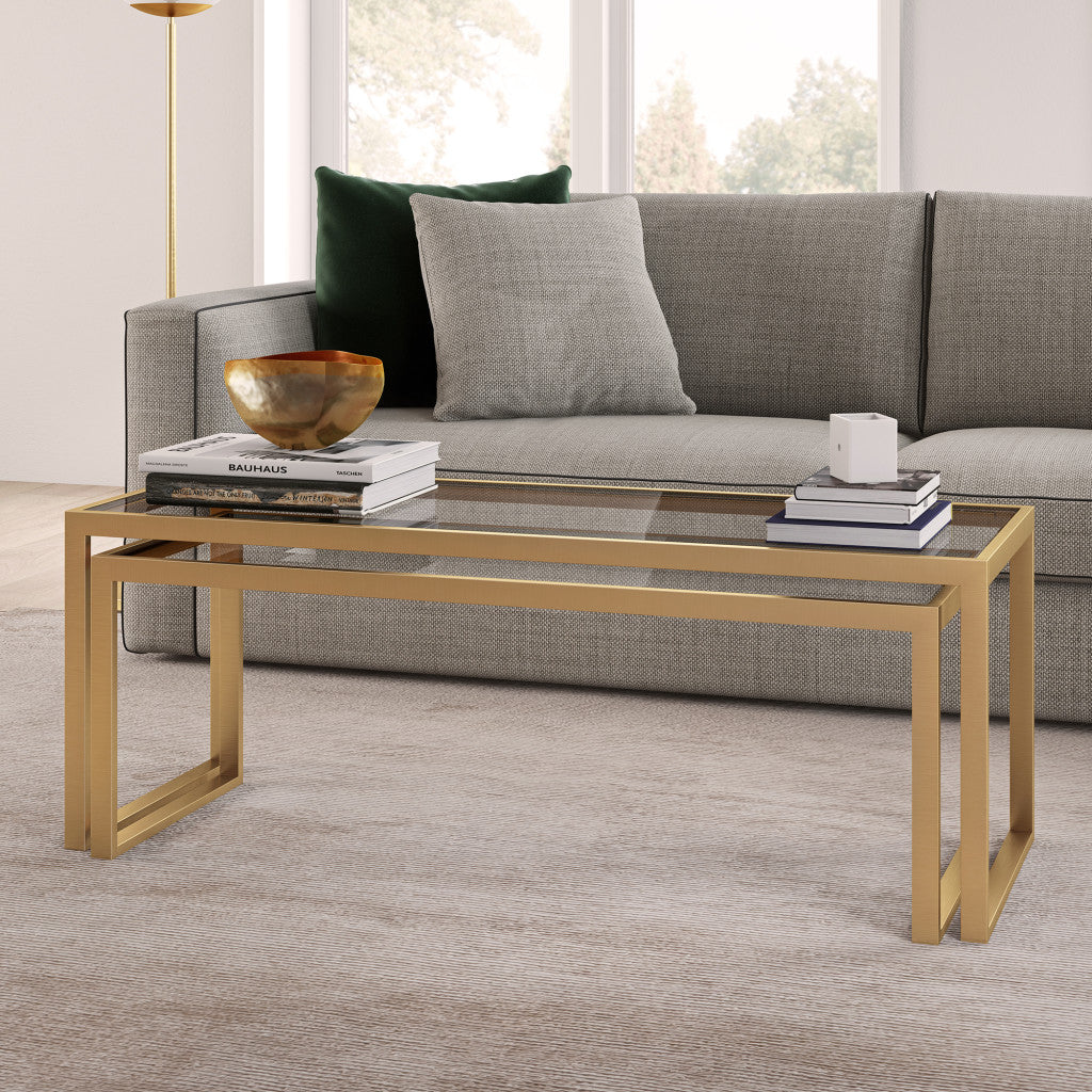 Set of Two Gold Glass And Steel Sled Nested Coffee Tables