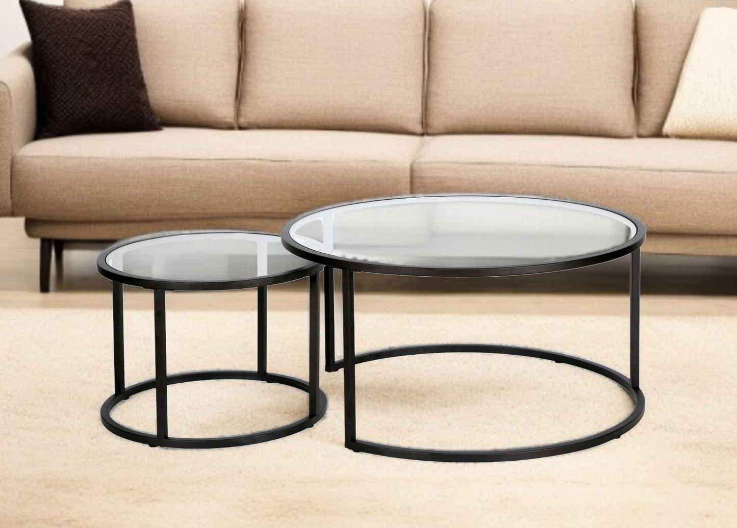 Set of Two Black Glass And Steel Round Frame Nested Coffee Tables
