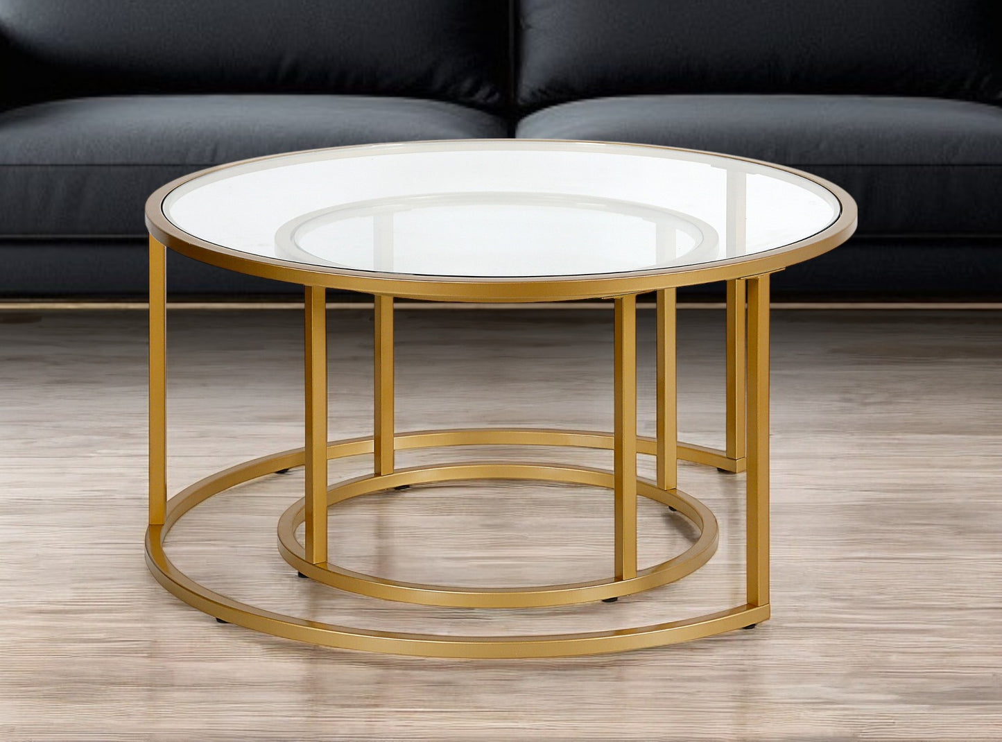 Set of Two 35" Gold Glass And Steel Round Nested Coffee Tables