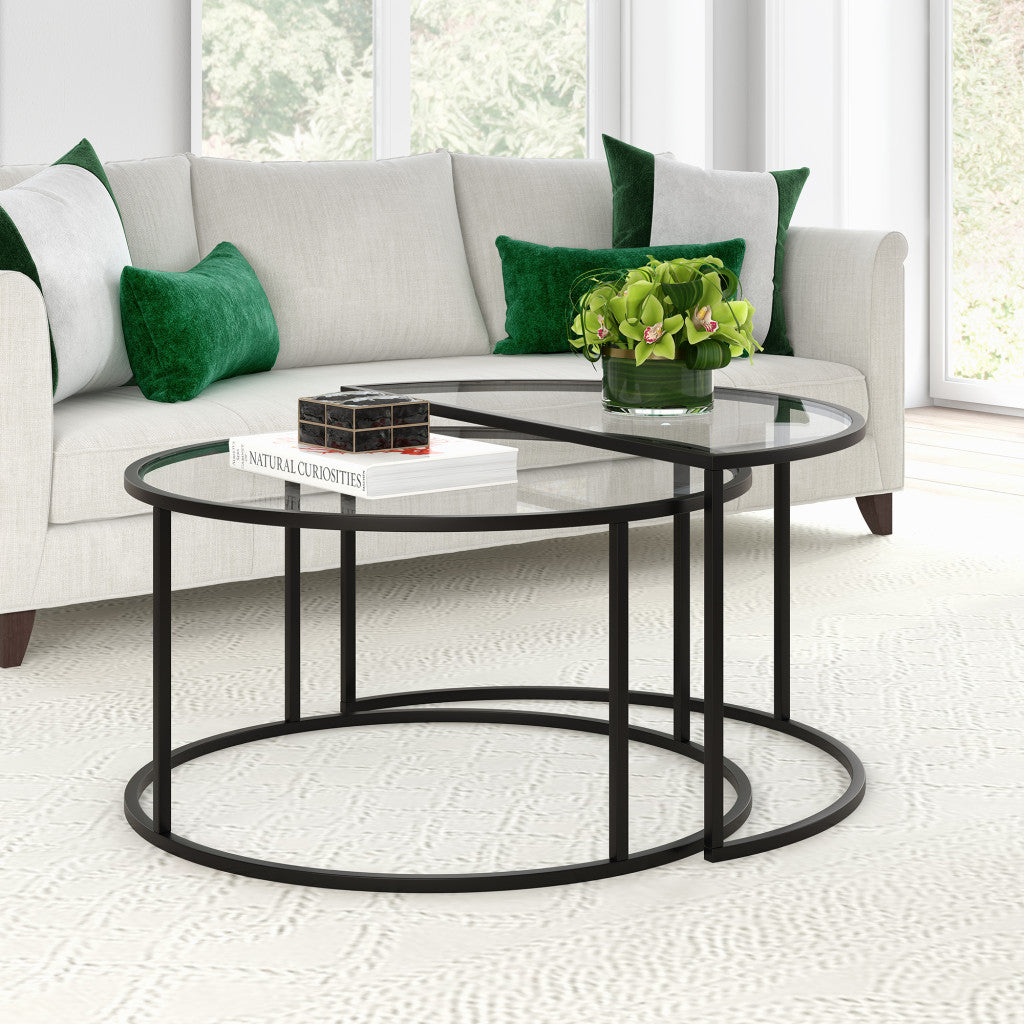 Set of Two Black Glass And Steel Half Circle Frame Nested Coffee Tables