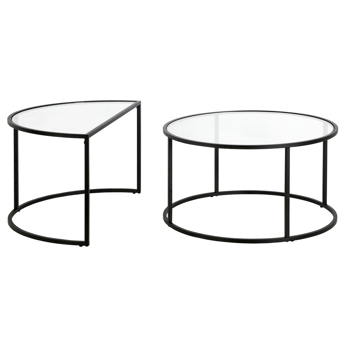 Set of Two Black Glass And Steel Half Circle Frame Nested Coffee Tables