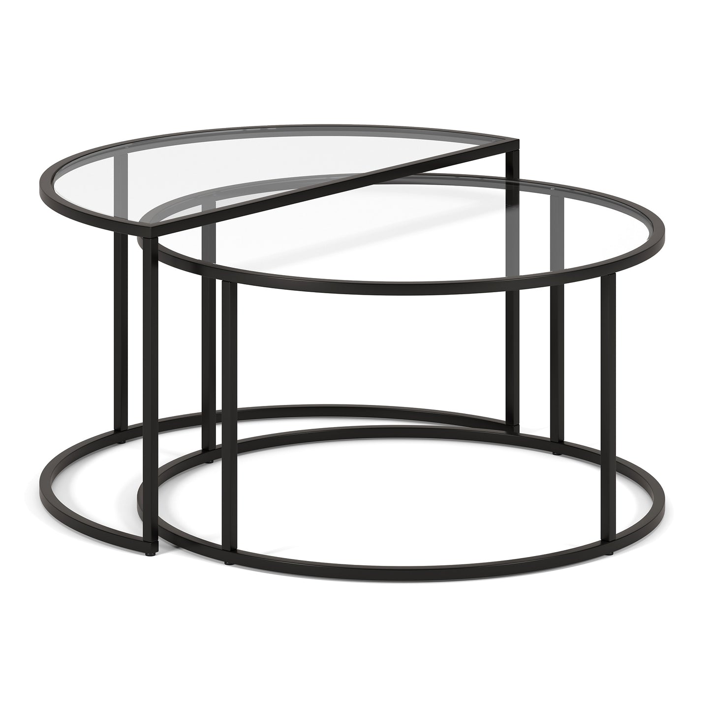 Set of Two Black Glass And Steel Half Circle Frame Nested Coffee Tables