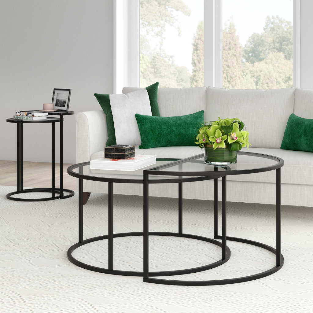 Set of Two Black Glass And Steel Half Circle Frame Nested Coffee Tables