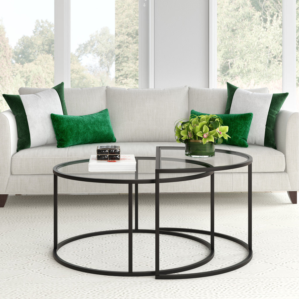 Set of Two Black Glass And Steel Half Circle Frame Nested Coffee Tables