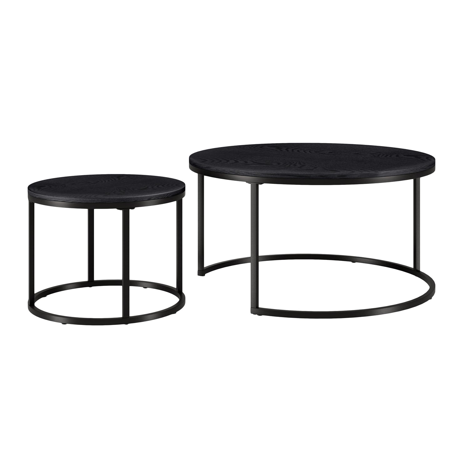 Set of Two Black Wood And Steel Round Frame Nested Coffee Tables