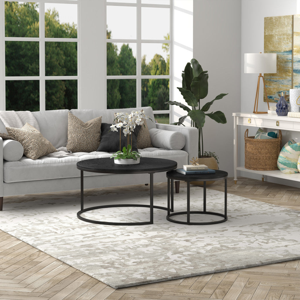 Set of Two Black Wood And Steel Round Frame Nested Coffee Tables
