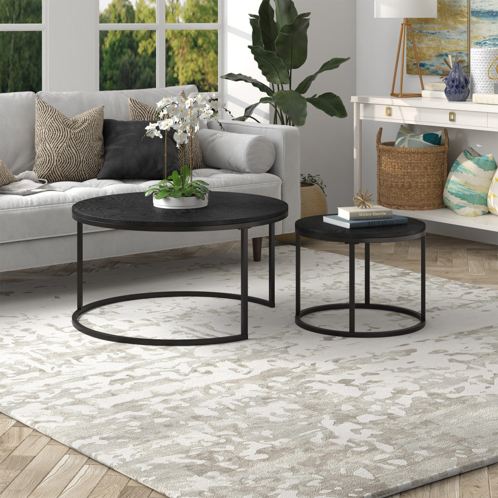 Set of Two Black Wood And Steel Round Frame Nested Coffee Tables