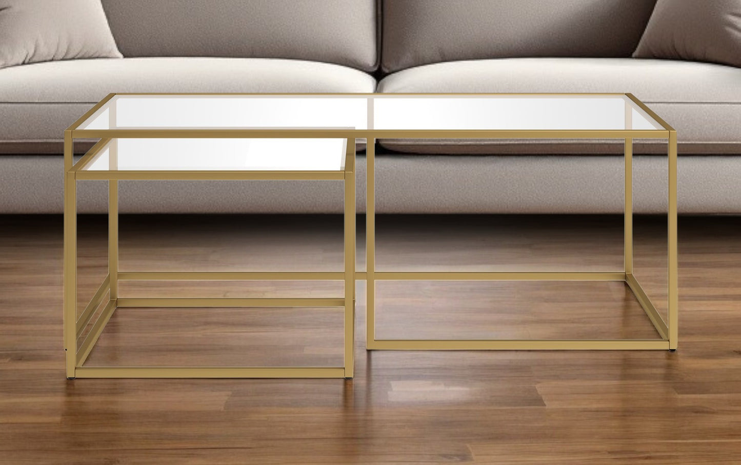Set of Two 50" Gold Glass And Steel Nested Coffee Tables