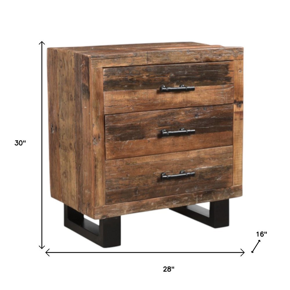 30" Dark Brown Solid Wood Distressed Three Drawer Nightstand