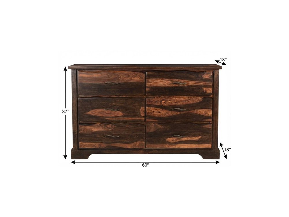 60" Dark Brown Solid Wood Six Drawer Dresser
