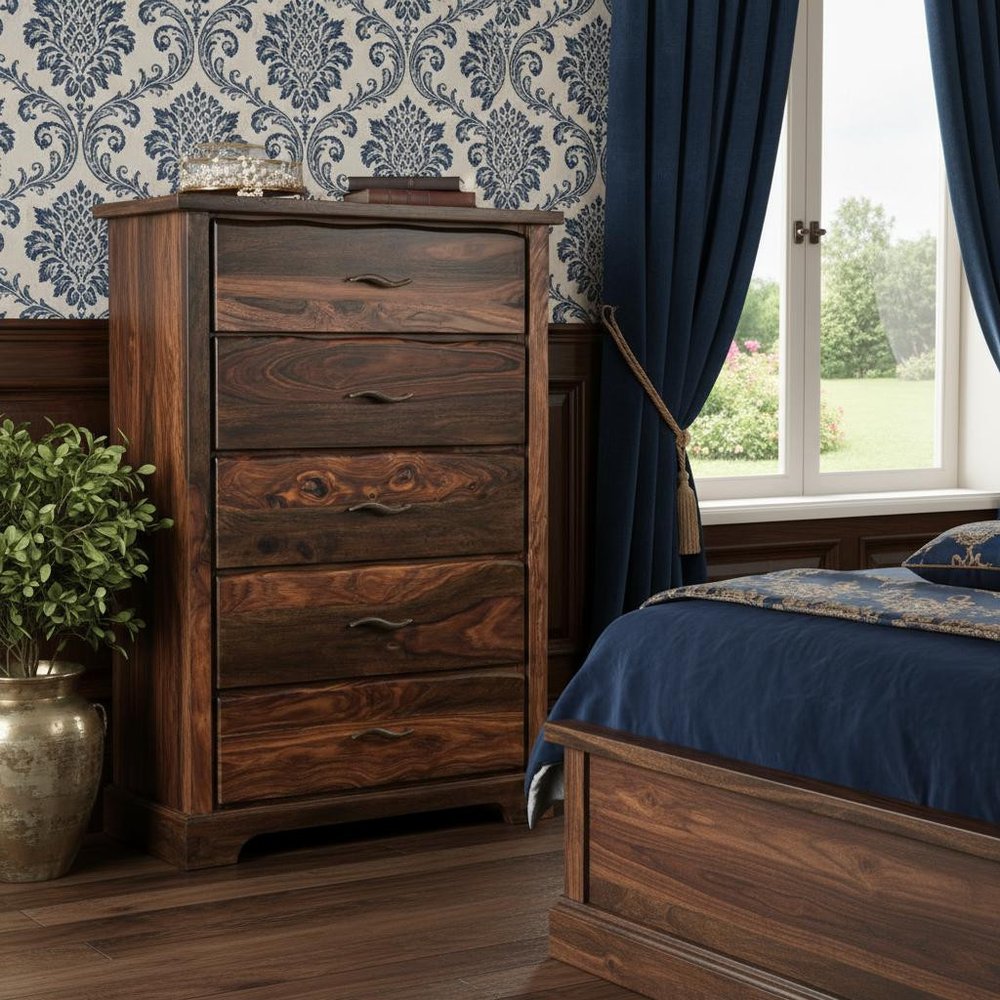 36" Dark Brown Solid Wood Five Drawer Chest