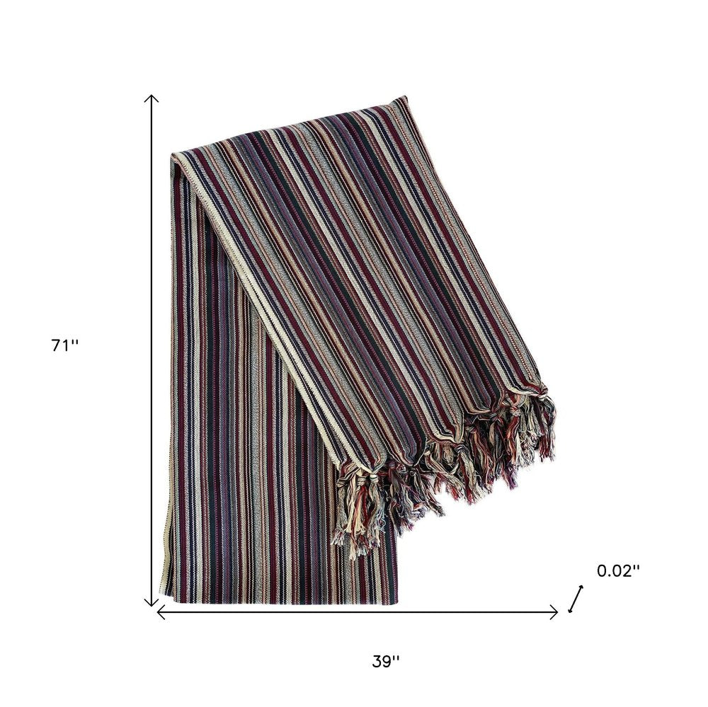 39" X 71" Beige and Indigo Cotton Striped Turkish Towel Throw Blanket with Tassels
