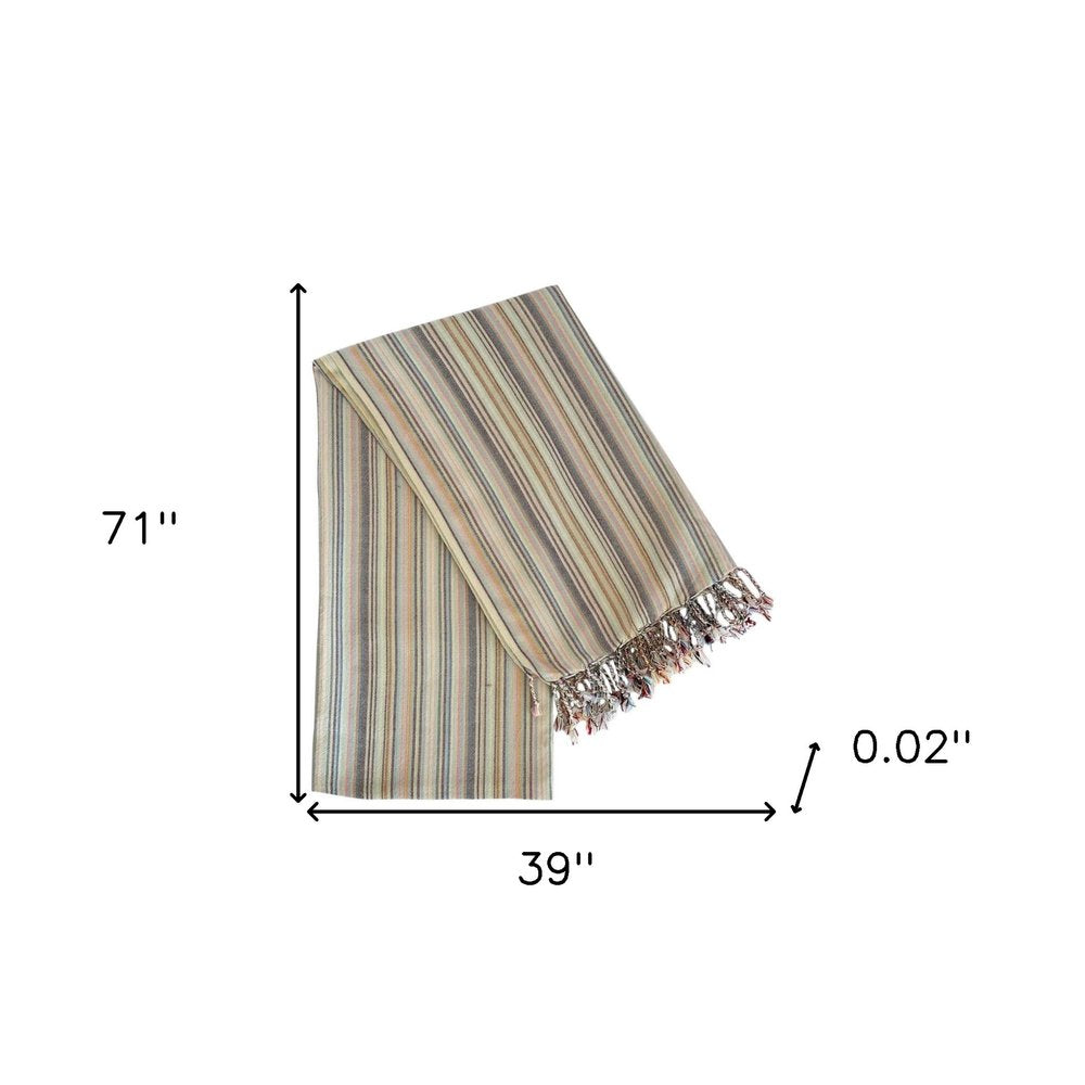 39" X 71" Beige and Pink Cotton Striped Turkish Towel Throw Blanket with Tassels