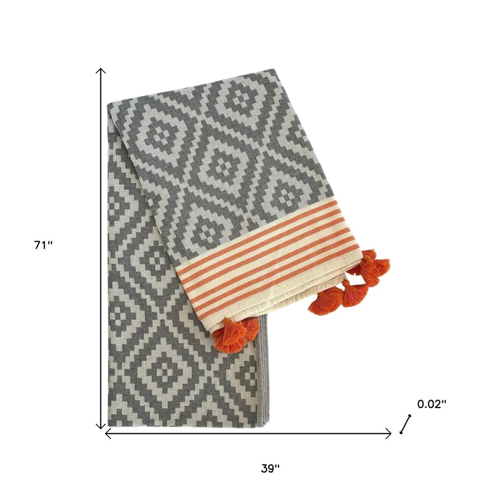39" X 71" Gray and Orange Cotton Geometric Turkish Towel Throw Blanket with Tassels