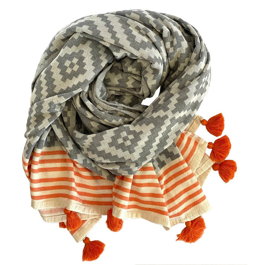 39" X 71" Gray and Orange Cotton Geometric Turkish Towel Throw Blanket with Tassels