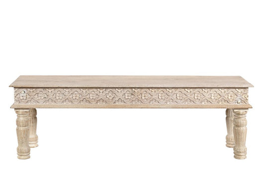 58" White Floral Distressed Solid Wood Dining Bench
