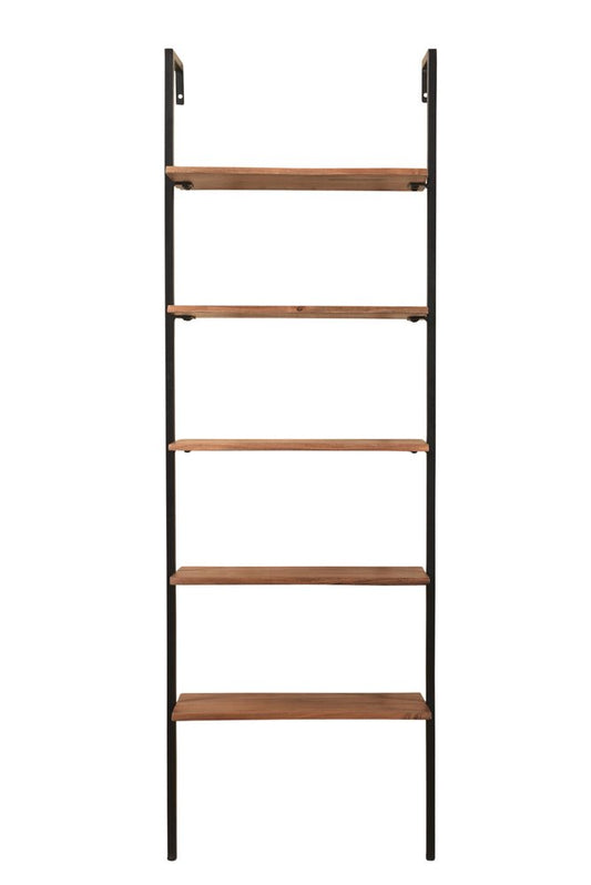 72" Brown Metal and Solid Wood Five Tier Ladder Bookcase