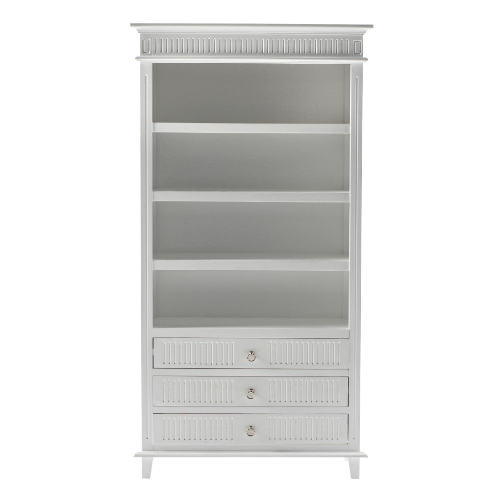 Antiqued White Solid Wood Four Tier Bookcase with Three Drawers