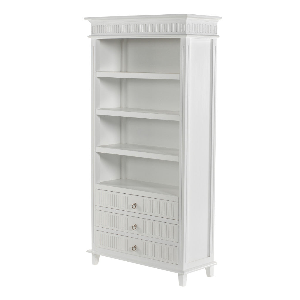 Antiqued White Solid Wood Four Tier Bookcase with Three Drawers