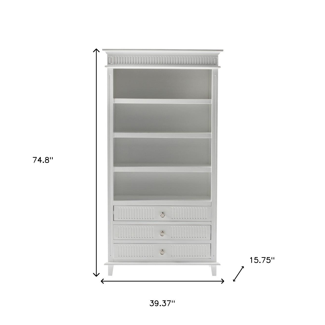 Antiqued White Solid Wood Four Tier Bookcase with Three Drawers