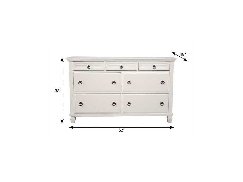 62" White Solid Wood Seven Drawer Double Dresser