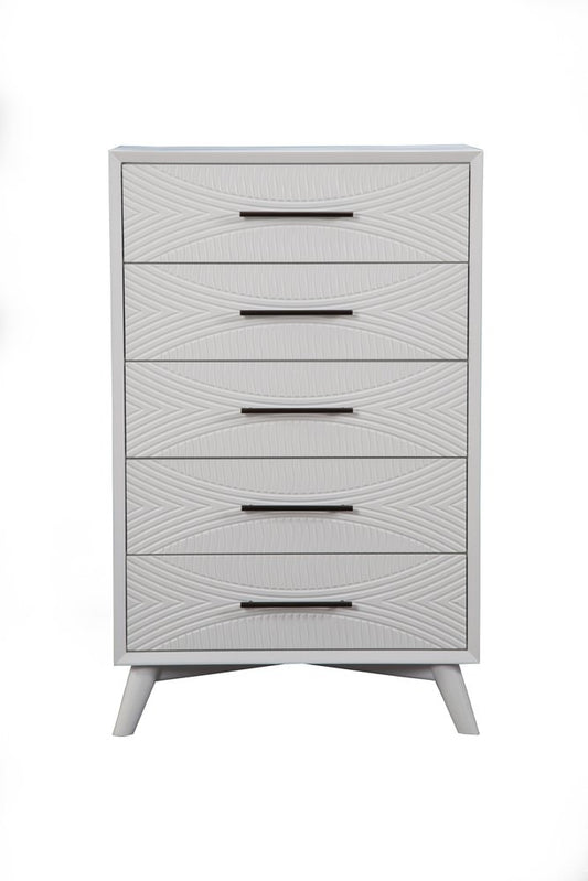 34" White Carved Geometric Solid Wood Five Drawer Dresser