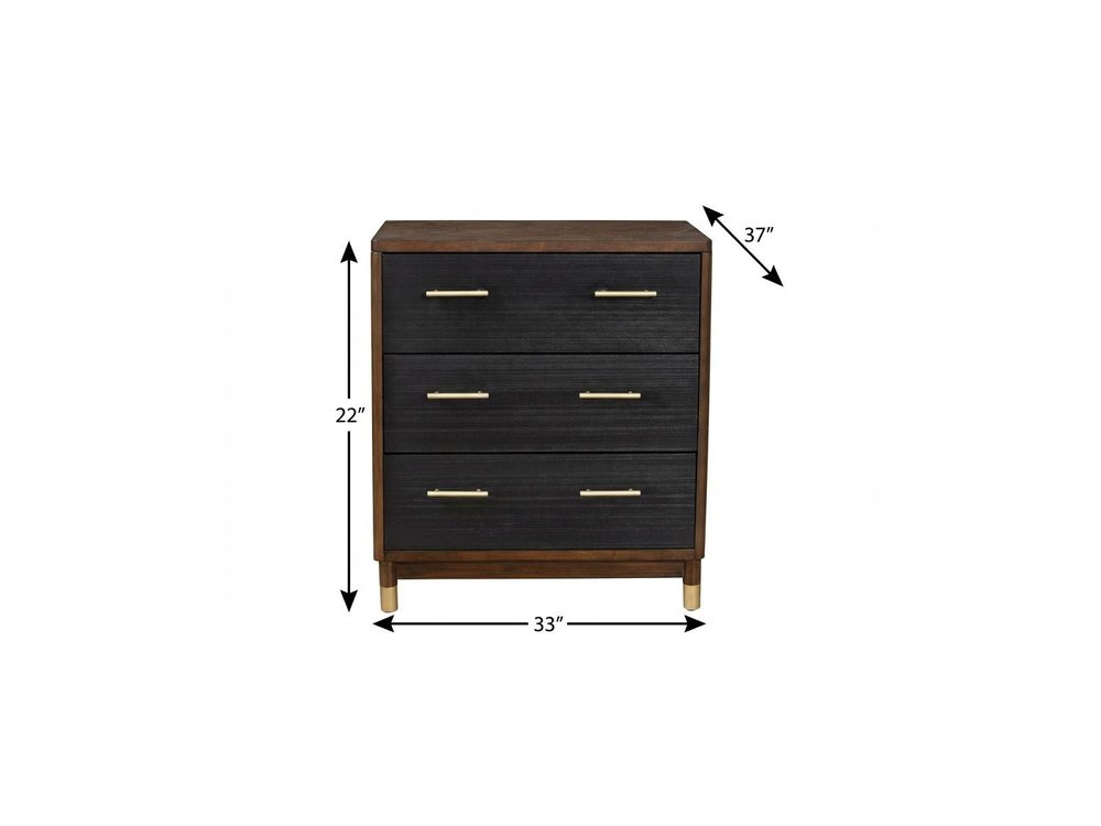33" Brown and Black Solid Wood Three Drawer Chest