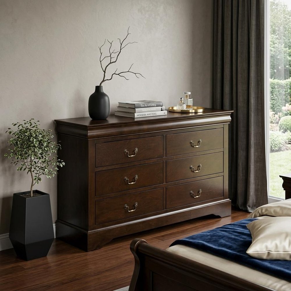 60" Brown Solid Wood Six Drawer Double Dresser