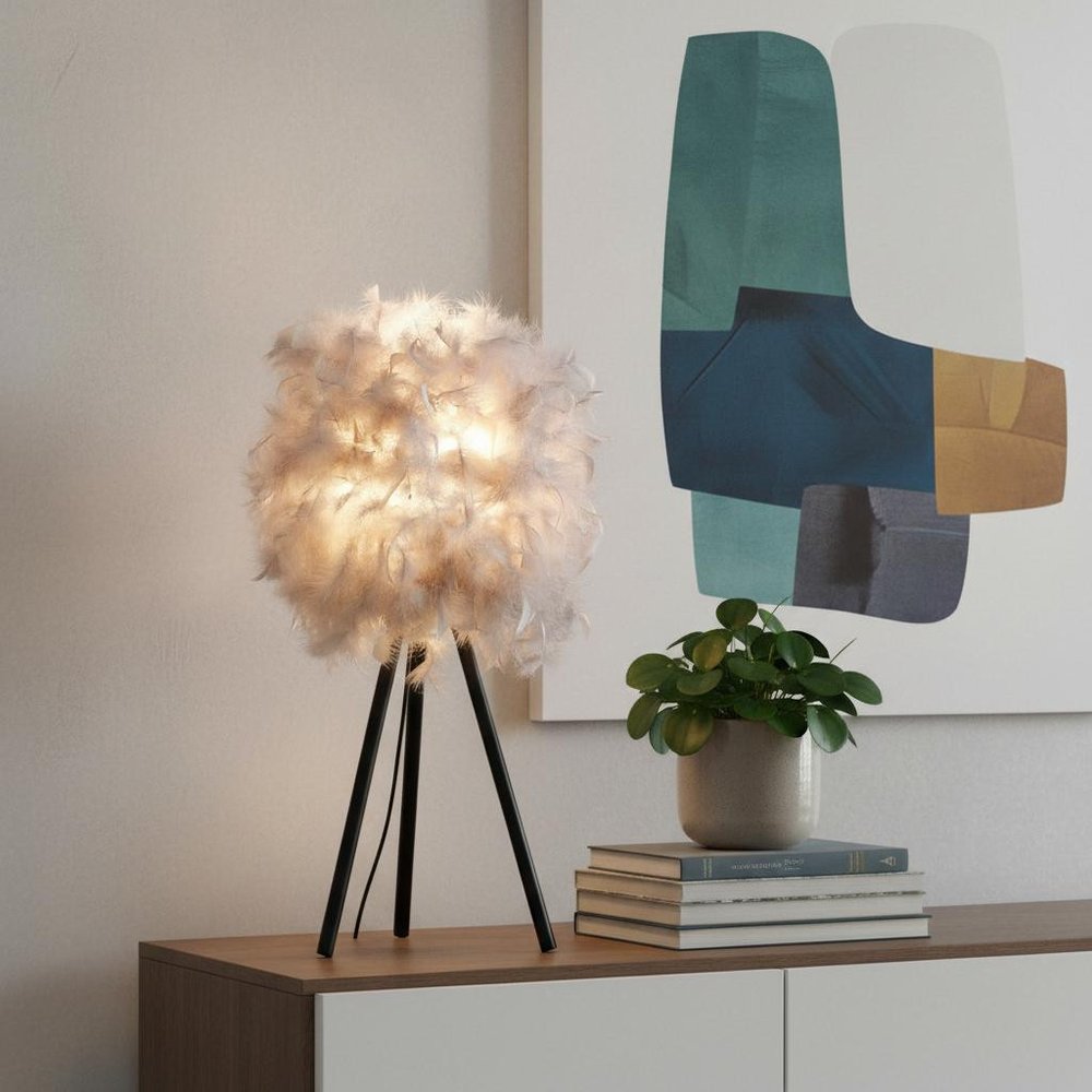 21" Soft Gray Feather Shade Modern Tripod Metal Table Lamp