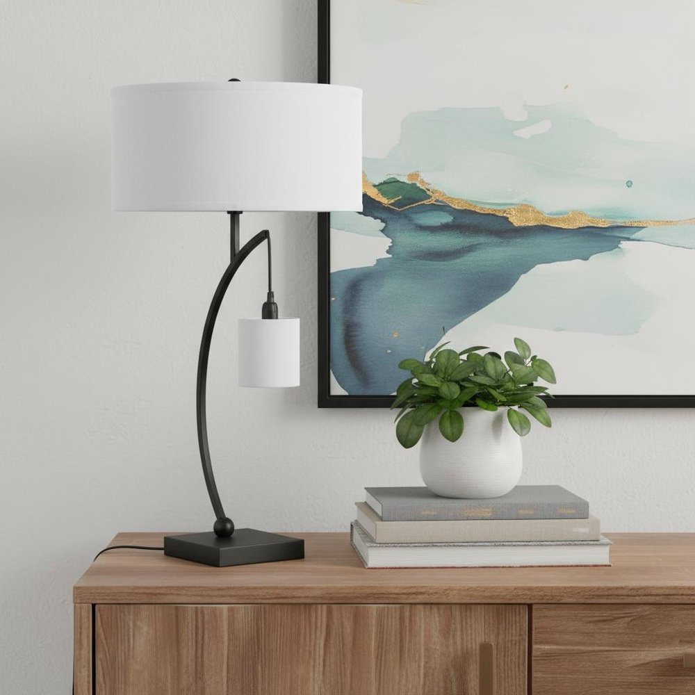 29" Black Metal Two Light Arched Table Lamp With White Drum Shade