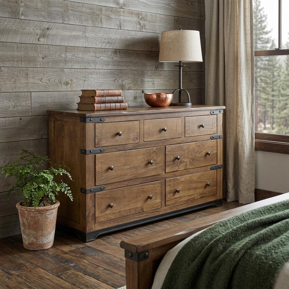 70" Brown And Black Solid Wood Seven Drawer Triple Dresser