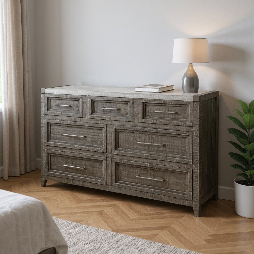 62" Gray Solid Wood Seven Drawer Triple Dresser