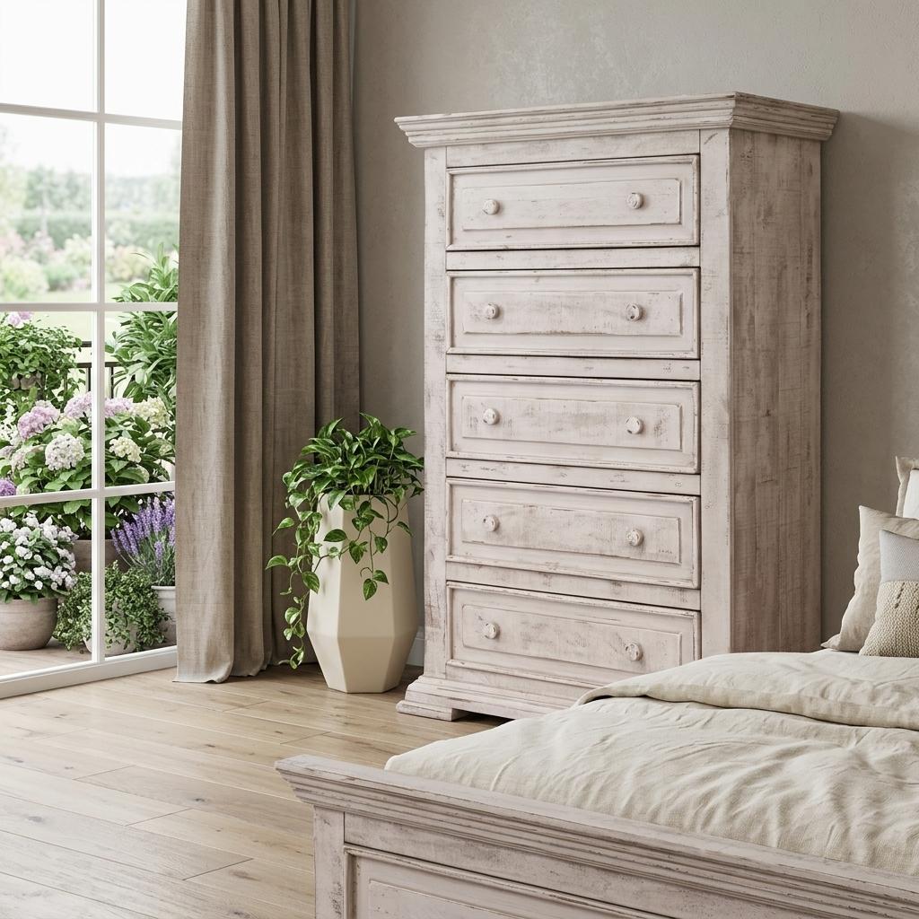 37" White Solid Wood Five Drawer Dresser