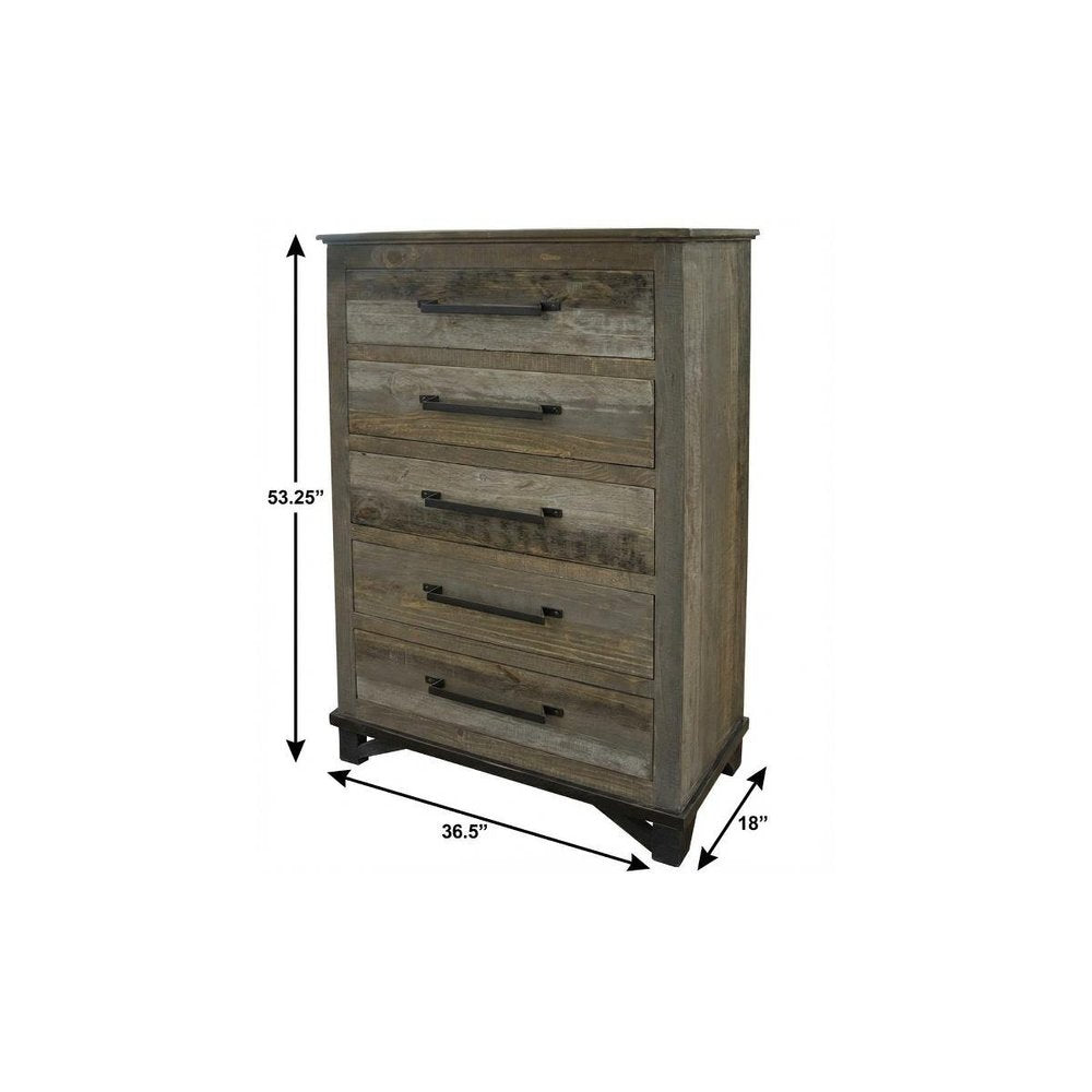 37" Gray Solid Wood Five Drawer Chest