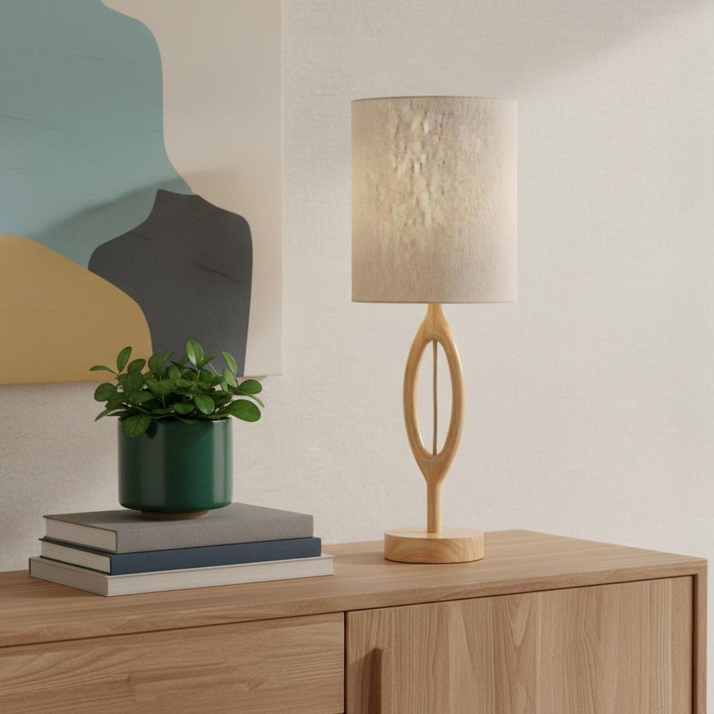 28" Natural Solid Wood Round Table Lamp With Beige Drum Shade