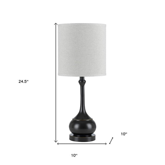 25" Blackened Bronze Metal Round Table Lamp With Off White Drum Shade