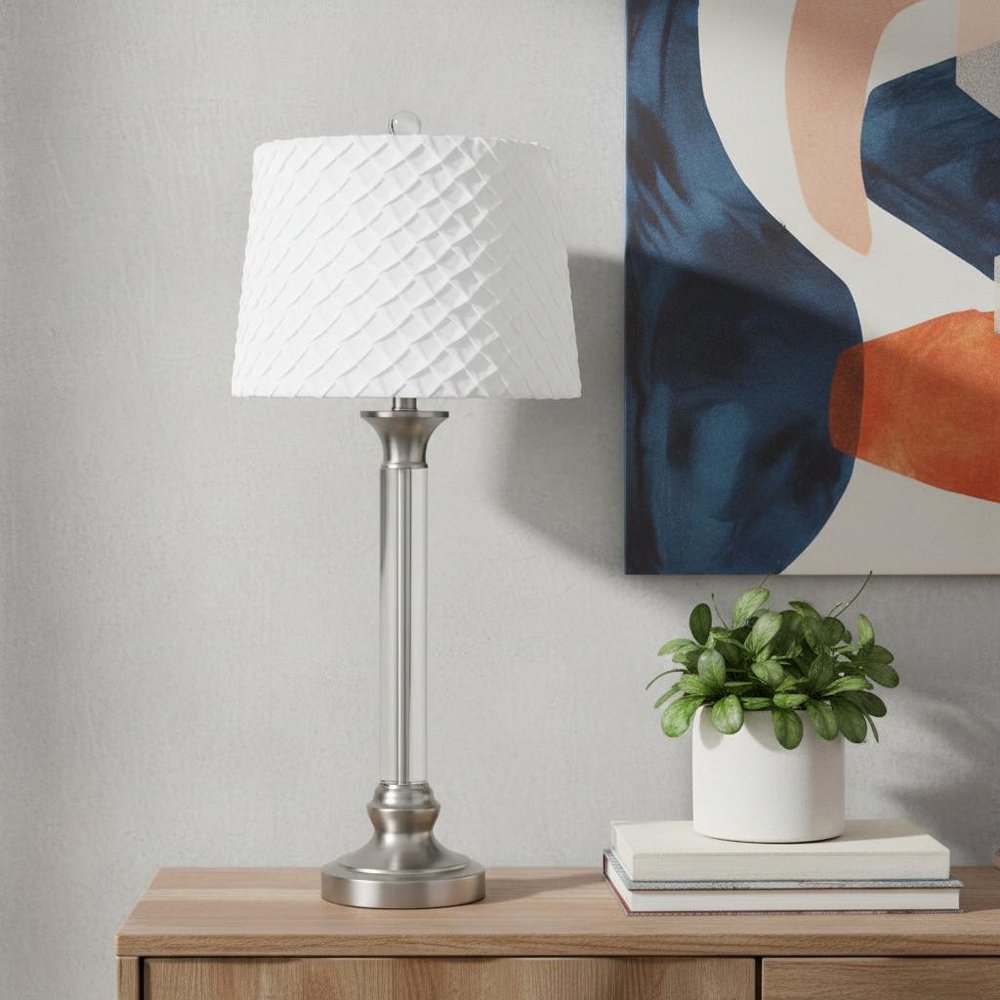 32" Nickel Metal Table Lamp With White Empire Shade