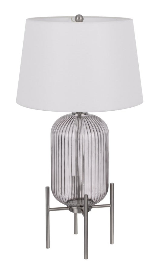 33" Nickel Glass Round Table Lamp With White Empire Shade