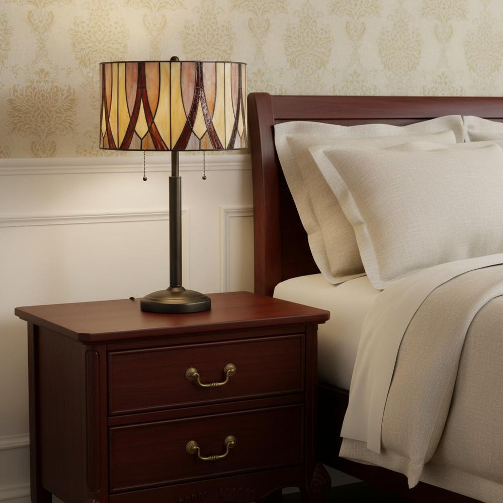 24" Bronze Metal Two Light Table Lamp With Red And Ivory Drum Shade